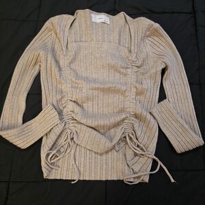 Cream/Beige Knitted Sweater Long Sleeve With Adjustable Ties And Square Neckline